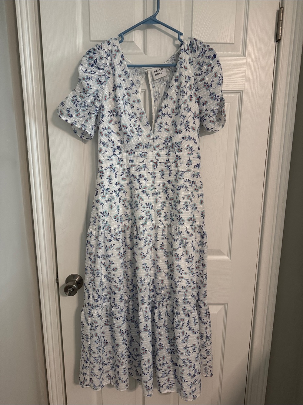 Hello Molly White Midi Dress with Blue Floral Print